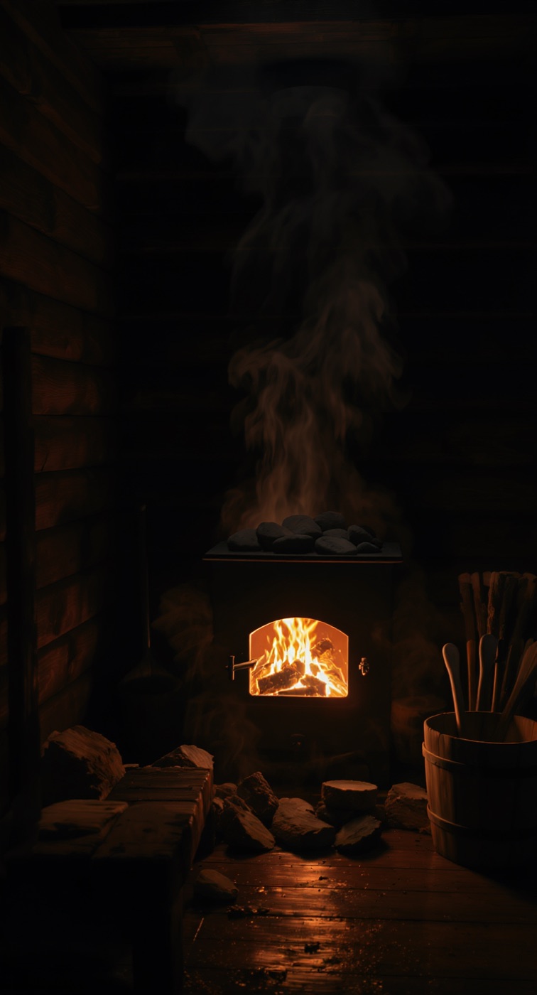 Glowing kiuas (sauna stove) at night